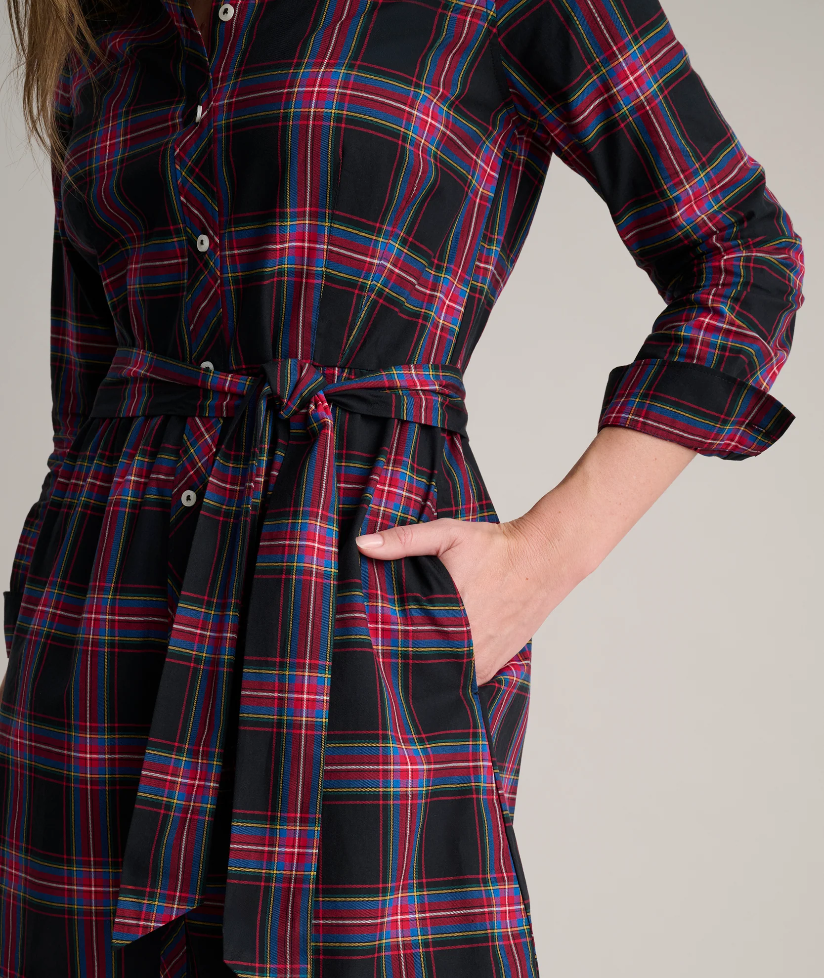 Stretch Cotton Stewart Plaid Cassie Shirt Dress - Image 2