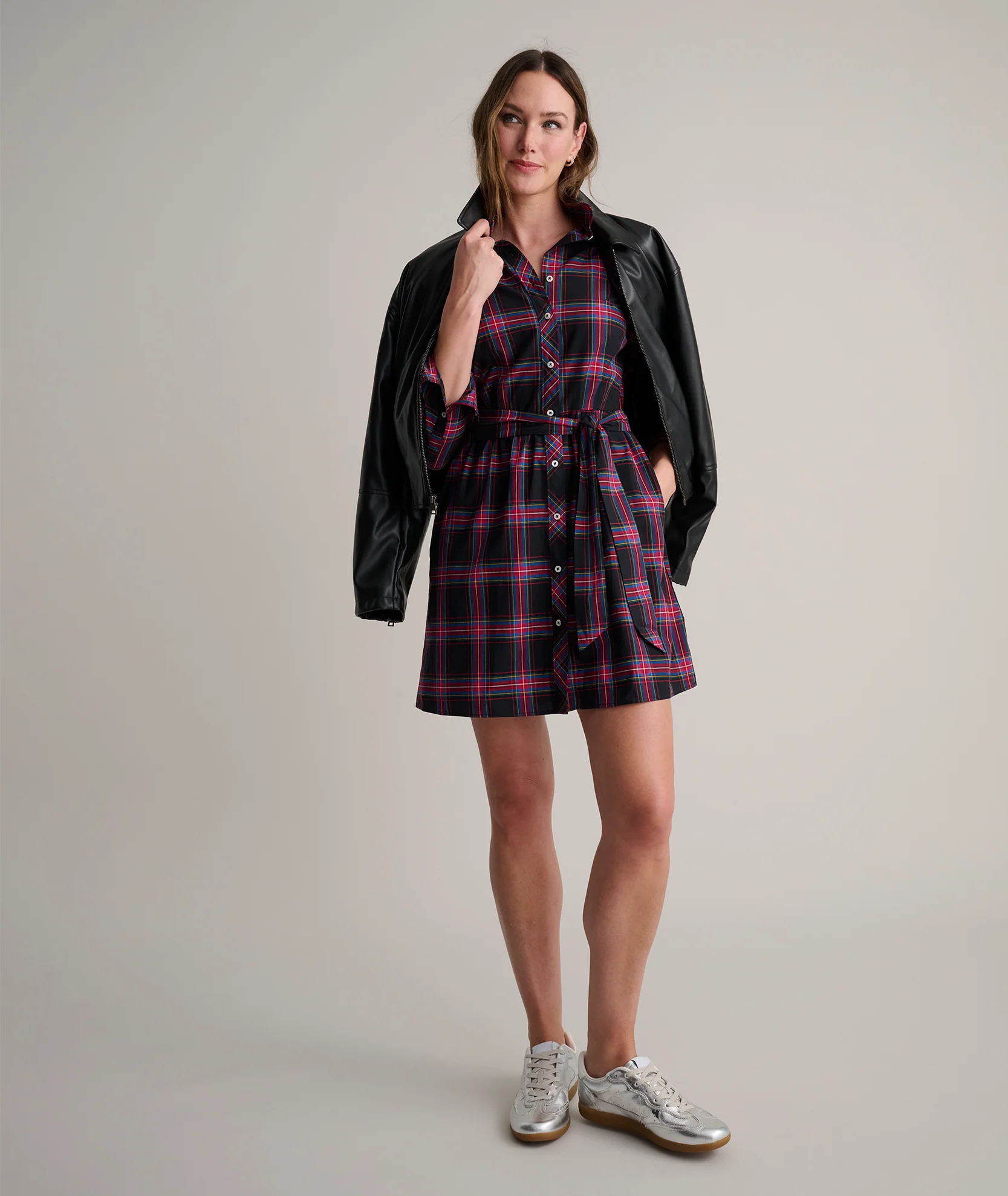Stretch Cotton Stewart Plaid Cassie Shirt Dress - Image 3